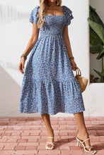 Beige Ditsy Floral Print Smocked Square Neck Ruffle Short Sleeve Dress