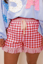 Pink Gingham Print Ruffle Striped Detail Lace Tie Shorts