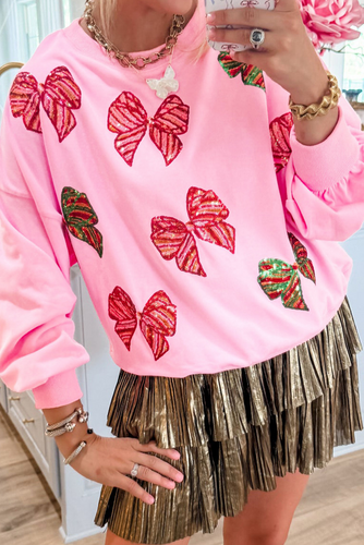 Bonbon Sequin Bowknot Graphic Christmas Sweatshirt