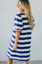 Blue Stripe Contrast Trim Round Neck Short Puff Sleeve Shift Mini Dress