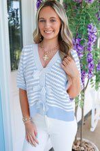 Sky Blue Stripe Short Sleeve Knit V Neck Bow Knot Sweater