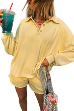 Yellow Cream Button Collar Drop Shoulder Pullover and Shorts Set