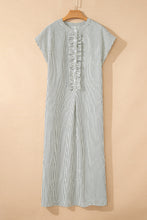 Black Stripe Frilled Detail Half Buttons Short Sleeve Long Dress