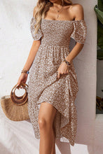 Beige Ditsy Floral Print Smocked Square Neck Ruffle Short Sleeve Dress