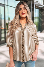 Pink Stripe Leopard Trim V Neck Button Down Half Sleeve Shirt