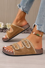 Beige Embroidered Trim Retro Buckle Faux Suede Slippers