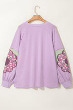 Phalaenopsis Flower Patched Colorblock Plus Size Pullover Top