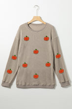 Khaki Crinkle Ribbed Halloween Pumpkin Graphic Sweatshirt