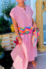 Black Stripe Frilled Detail Half Buttons Short Sleeve Long Dress
