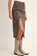 Sky Blue Leopard Frayed Split Denim Midi Skirt