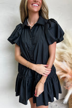 Black Button Down Puff Sleeve Ruched Ruffle Hem Dress