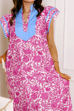 Green Floral Print Color Block Patchwork V Neck Short Sleeve Midi Dress