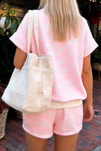 Pink Stripe Cuffed Sleeve Contrast Mock Neck Tee Casual 2pcs Short Set