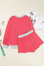Red Striped Drop Shoulder Baggy Pullover and Shorts Casual Set