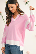 Sky Blue Striped V Neck Collared Colorblock Patchwork Sweater