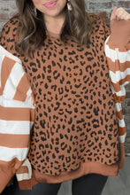 Khaki Leopard Striped Patchwork Plus Size Loose Sweatshirt