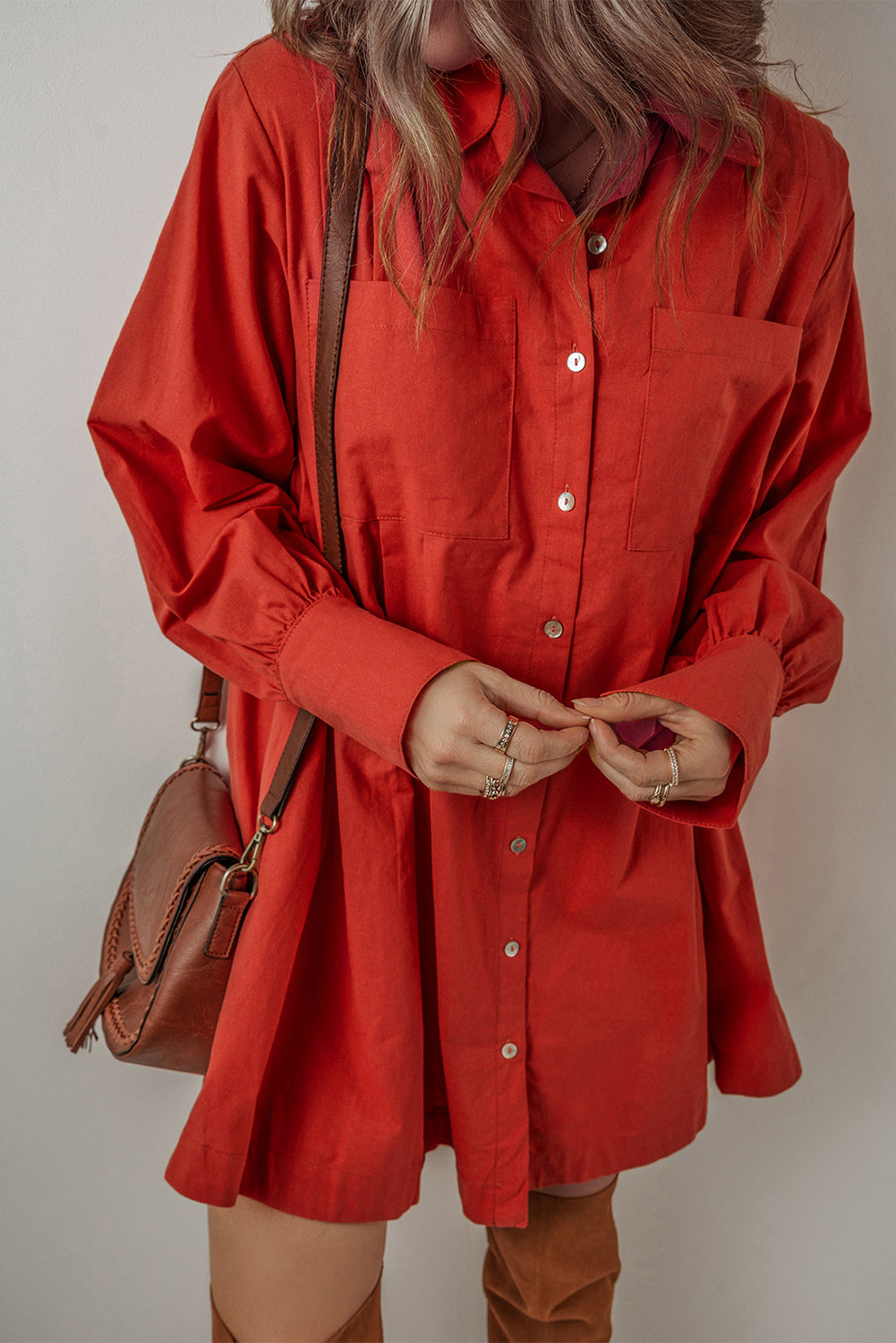 Tomato Red Bishop Sleeve Button-Up Pleated Mini Shirt Dress The Rusted Nail Boutique Tomato Red Bishop Sleeve Button-Up Pleated Mini Shirt Dress The Rusted Nail Boutique
