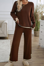 Apricot Contrast Trim Split Cuffs Round Neck Top and Pants Set