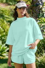 Yellow Cream Solid Color Exposed Seam Mock Neck Oversize Tee Casual Shorts 2pcs Outfit