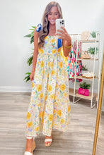 Yellow Floral Print Contrast Stitched Knot Denim Straps High Waist Dress