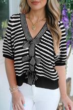 Sky Blue Stripe Short Sleeve Knit V Neck Bow Knot Sweater