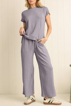 Blue Solid Corded Short Sleeve T Shirt and Wide Leg Pants Set