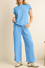Blue Solid Corded Short Sleeve T Shirt and Wide Leg Pants Set