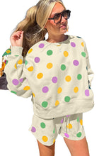 Pink Polka Dot Print Drop Shoulder Pullover Drawstring Shorts Set