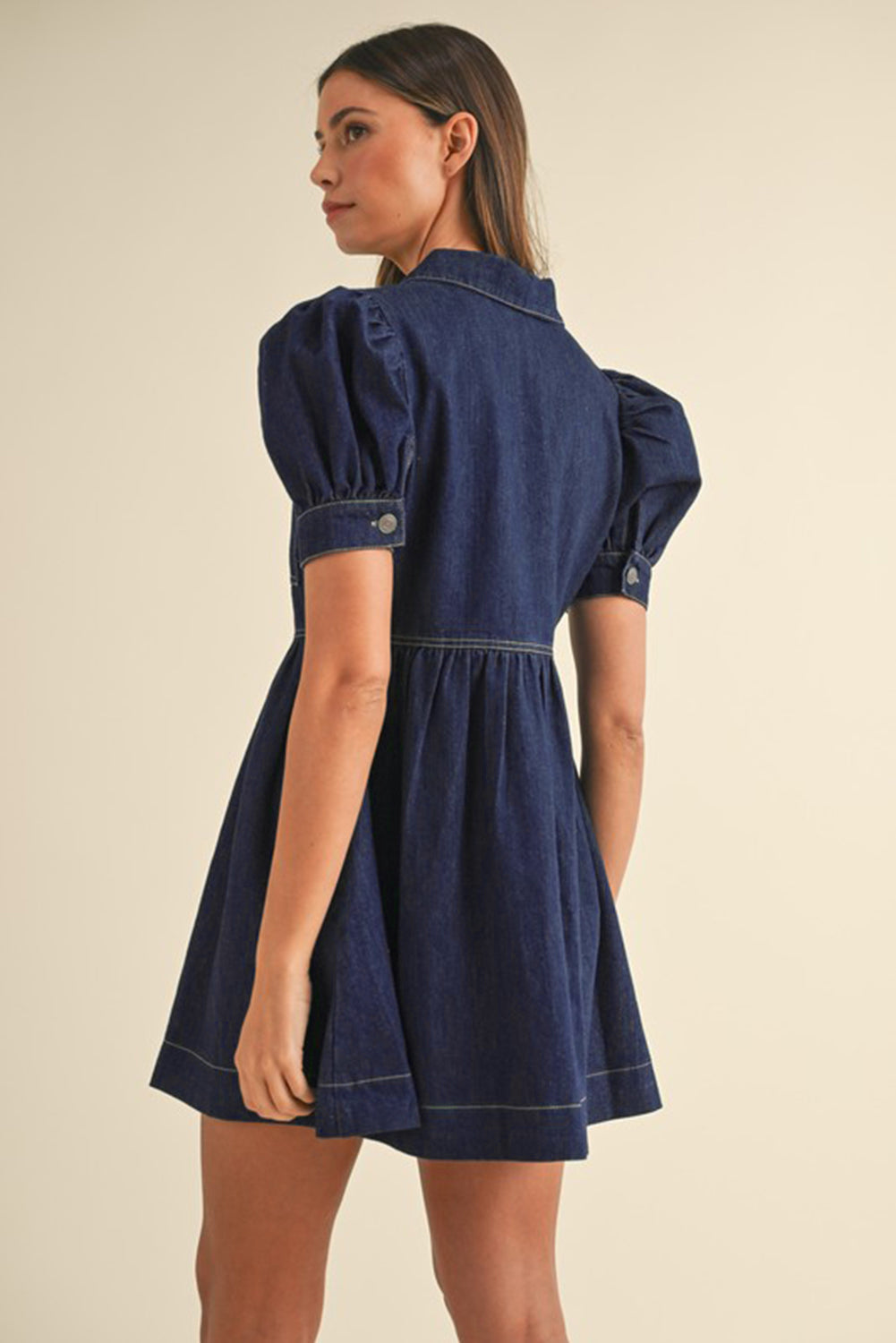 Dirty Blue Puff Sleeve Half Zipper Denim Flowy Dress Dirty Blue Puff Sleeve Half Zipper Denim Flowy Dress