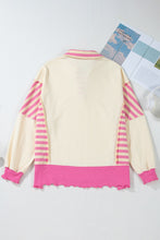 Pink Stripe Patchwork Sequin Heart Pattern Long Sleeve Collared Split Top