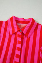 Red Stripe Tie Puff Sleeve Womens Button Down Shirt