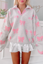 Gray Quarter Zip Bow Pattern Sherpa Baggy Sweatshirt