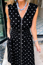 Brown Polka Dot Print Contrast Trim V Neck Zip Up Sleeveless Dress