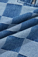 Sky Blue Checkerboard Zipped Collar Kangaroo Pocket Denim Hoodie
