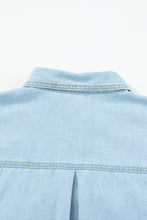 Mist Blue Light Wash Flap Pockets Rounded Hem Denim Blouse