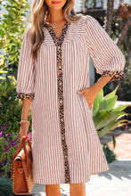 Khaki Stripe Square Button Leopard Trim Loose Bracelet Sleeve Shirt Dress