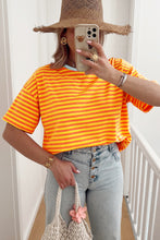 Sky Blue Stripe Contrast Crew Neck Drop Shoulder Loose Tee