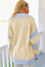 Sky Blue Striped V Neck Collared Colorblock Patchwork Sweater