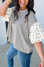 Black Stripe Floral Puff Sleeve Patchwork Round Neck Loose Top