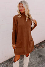 Chestnut Ribbed High Neck Front Pockets Center Seam Shift Sweater Dress