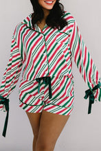 Green Striped Piping Trim Velvet Ribbon Knot Christmas Pajama Set
