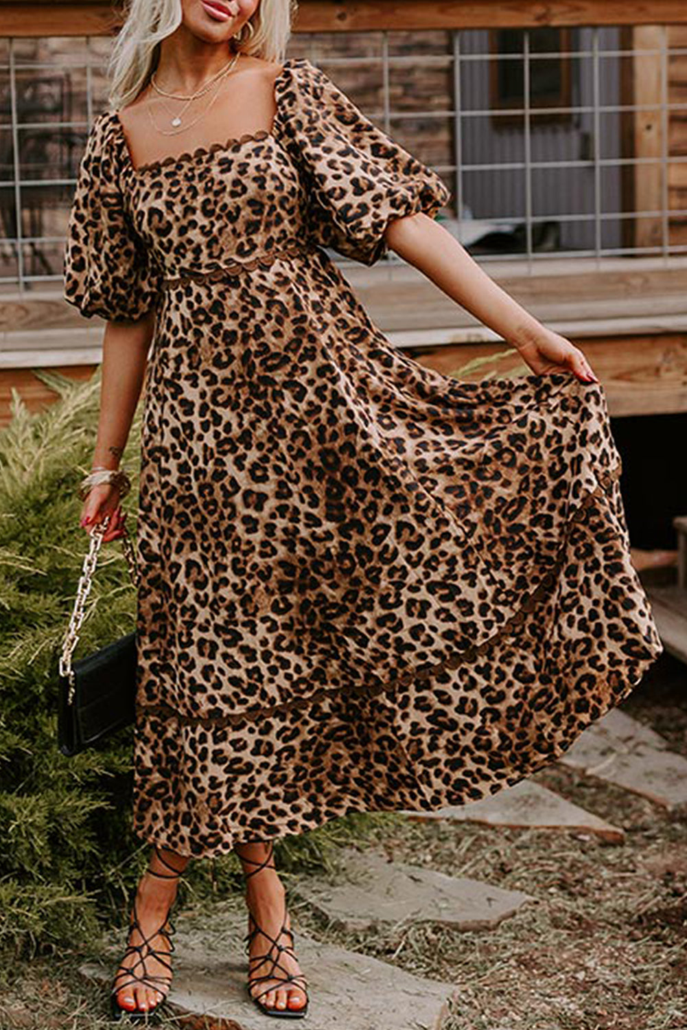 Brown Leopard Print Puff Sleeve Ricrac Maxi Dress – The Rusted Nail Boutique