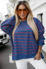 Blue Striped Overlap Detail Drop Shoulder Pullover Sweatshirt