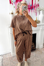 Brown Leopard Loose Tee Drawstring Waist Barrel Pants Set