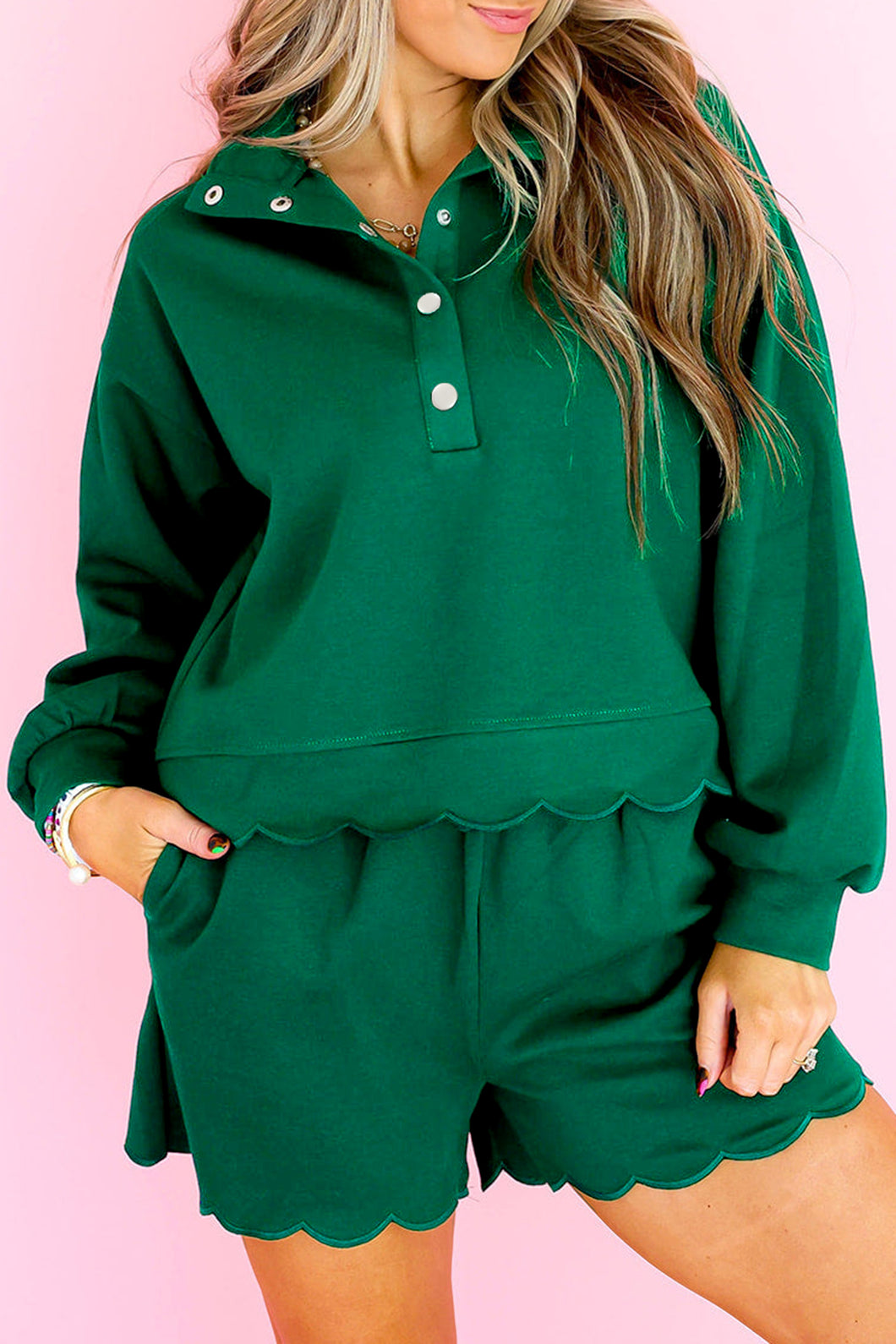 Blackish Green Embroidered Scallop Trim Half Button Pullover Casual Shorts Set