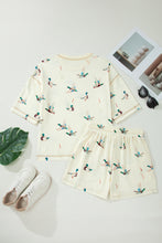 Beige Mallard Duck Print Oversized Tee Drawstring Short Set