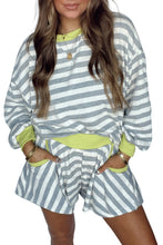 Gray Stripe Contrast Trim Long Sleeve Top and Shorts Set