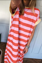 Orange Stripe Cuffed Short Sleeve Pocketed Casual T Shirt Long Dress
