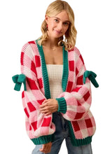 Pink Colorblock Checkered Open Front Knit Cardigan