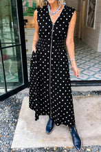Brown Polka Dot Print Contrast Trim V Neck Zip Up Sleeveless Dress